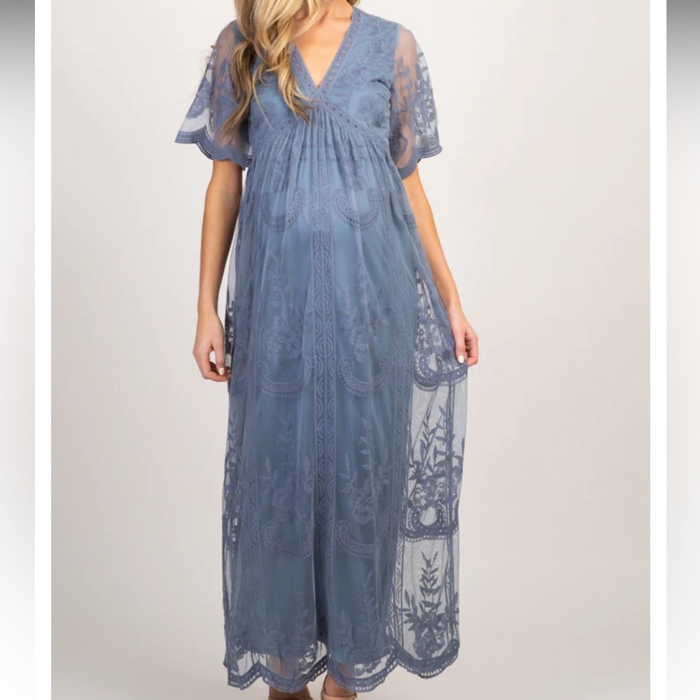 Pink Blush Maternity- Slate Blue Lace Overlay Dress